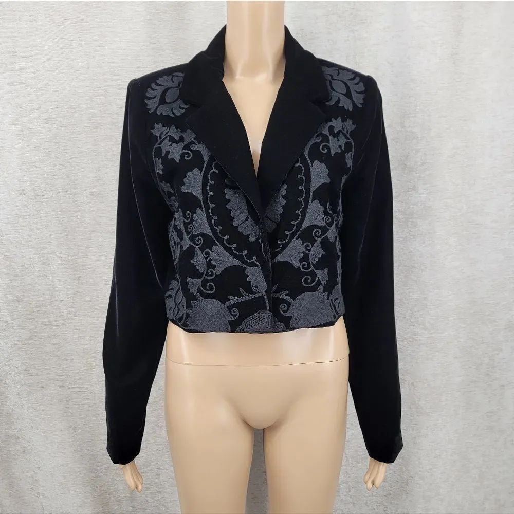 Le' AL.X Black Velvet Embroidered Women's Cropped Blazer Jacket NEW